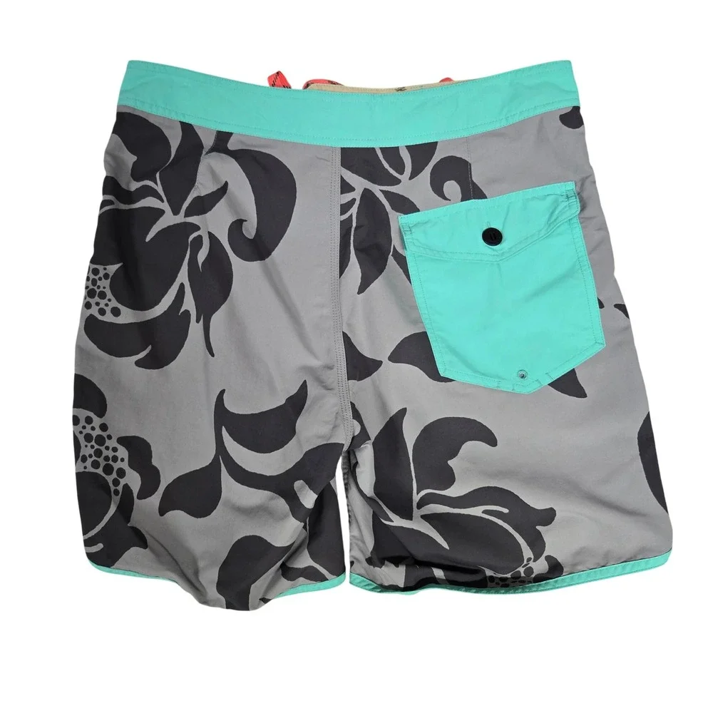 Patagonia Scallop Hem Wavefarer Board Shorts Gray Teal Floral Swim Trunks Sz 31